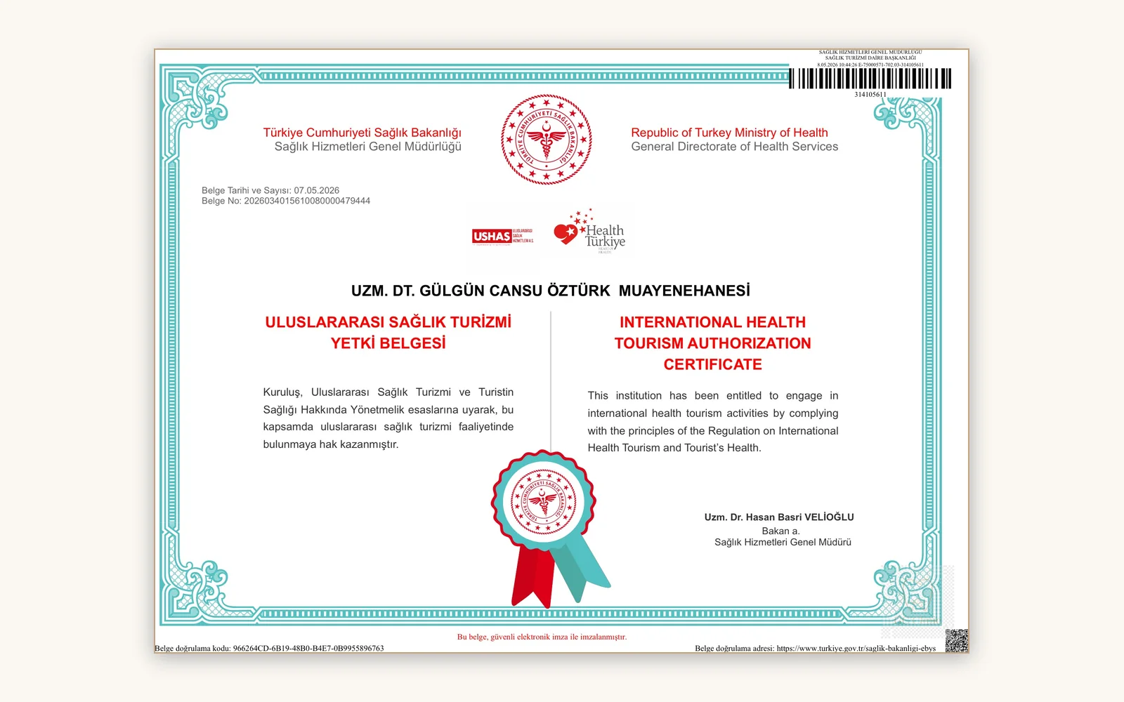 Ministry of Health – health tourism authorisation certificate of GC Clinic