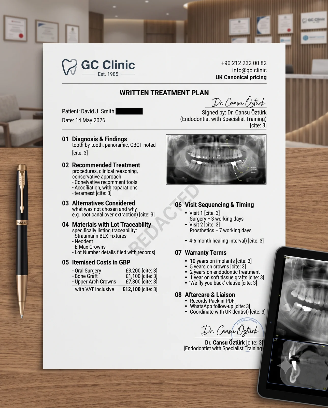 Sample written treatment plan — itemised costs in GBP, lot-numbered materials, visit sequencing and warranty terms, signed by Dr. Cansu Öztürk (redacted)