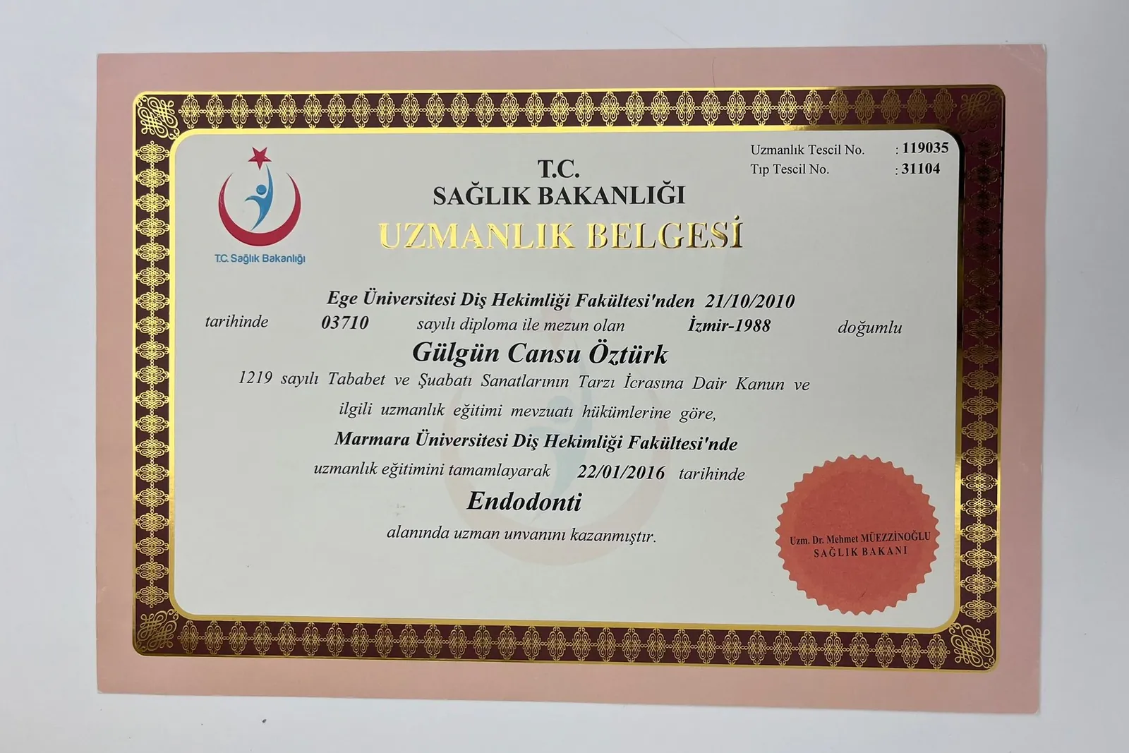 Facharzturkunde Endodontie von Cansu Öztürk, ausgestellt vom türkischen Gesundheitsministerium